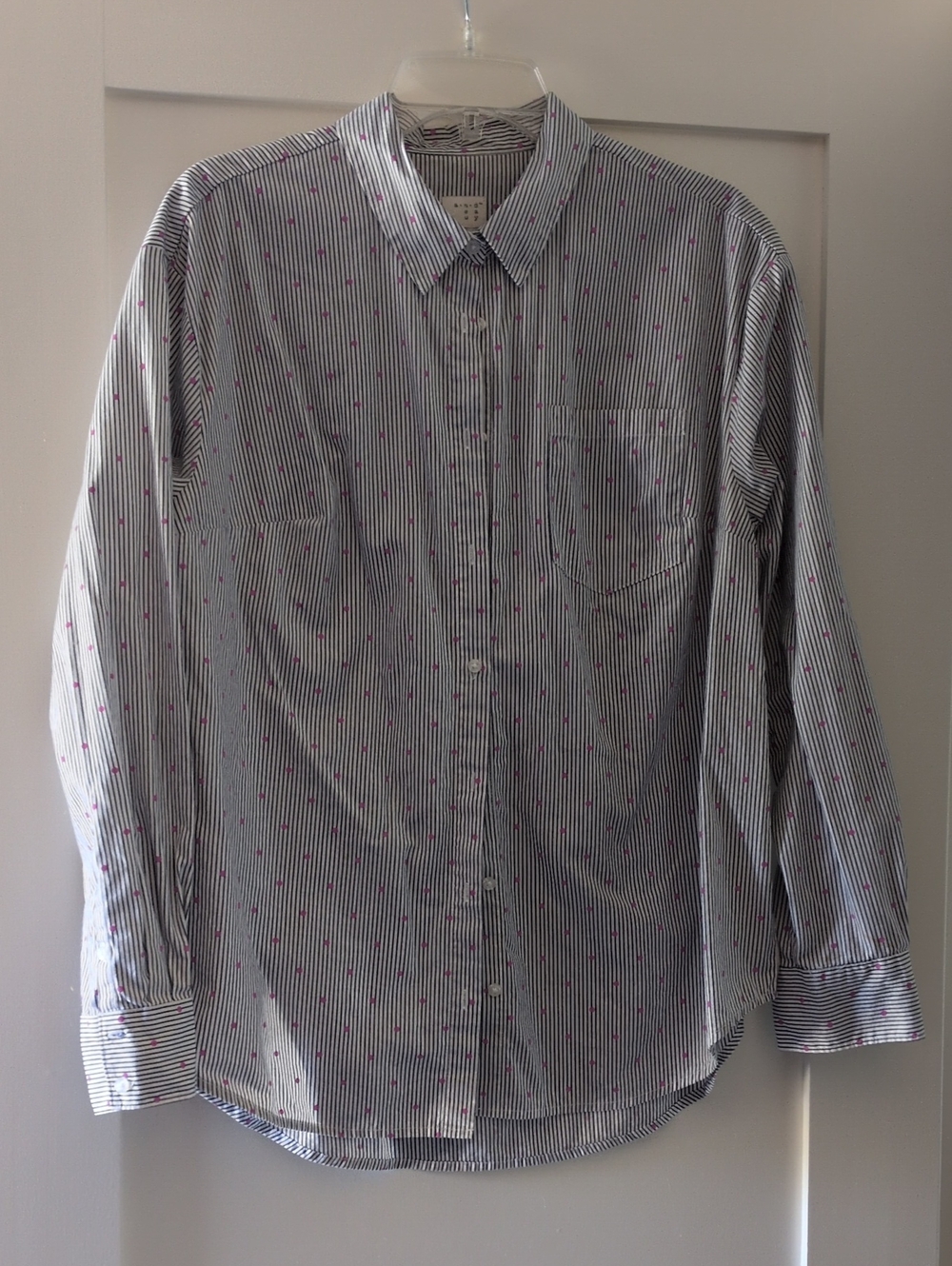 Striped Button-Down Shirt in White and Blue with Pink Accents